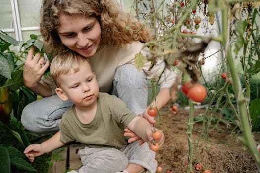 mother and sun in the garden with tomato and carrot companion planting