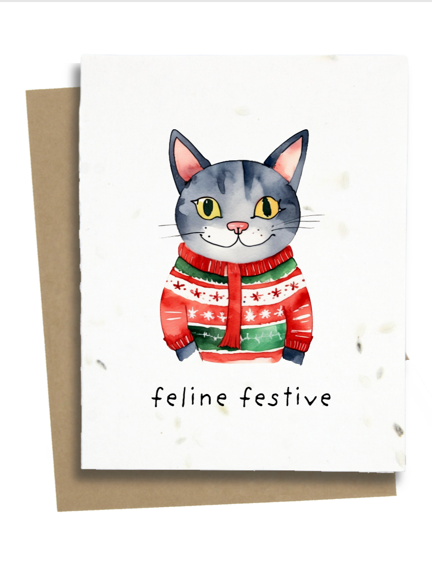 feline festive holiday card with cat